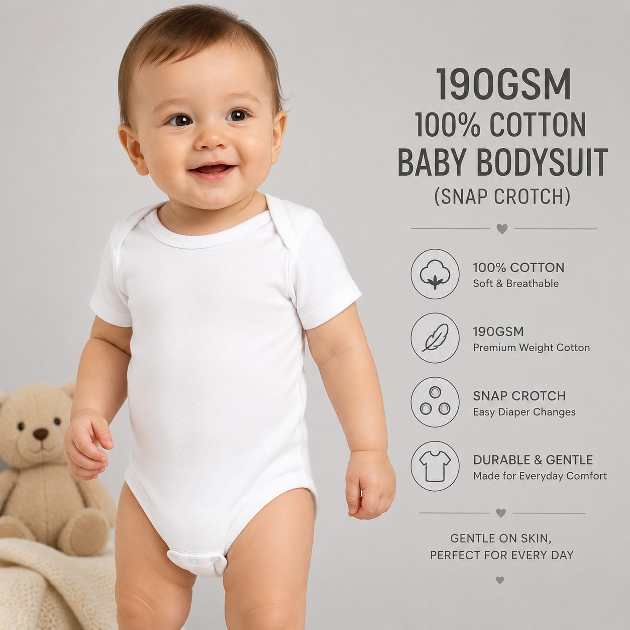 ShipSagePrint 190GSM 100% Cotton Baby Bodysuit (Snap Crotch) SGBUC0102
